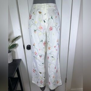 VINTAGE 100% Linen Shell Floral Embroidered White Pants 0030